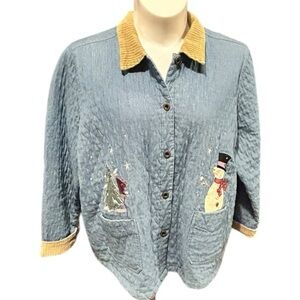 C. J. Banks Winter Holiday Jacket Snowman Tree Birdhouse Birds Quilted Denim 2X